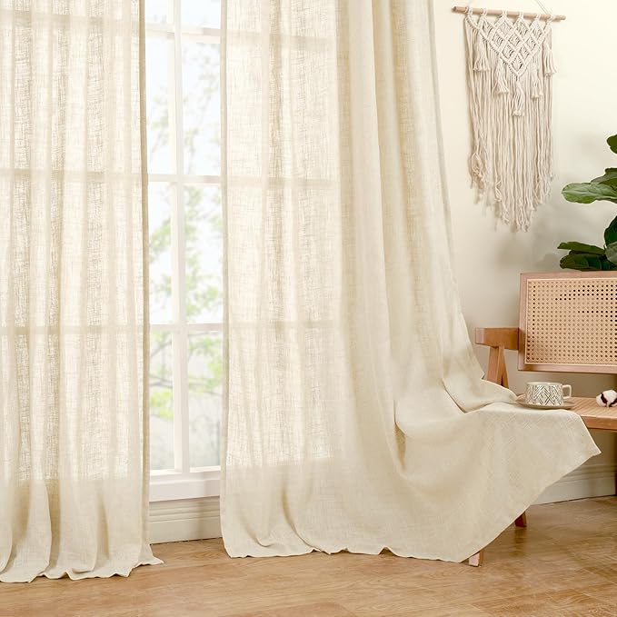 LAMIT Beige Linen Cafe Curtains 24 Inch Length, Semi Sheer Light Filtering Window Panels Back Tab and Rod Pocket Drapes for Kitchen/Small Windows, 25 x 24 Inch, 2 Panels
