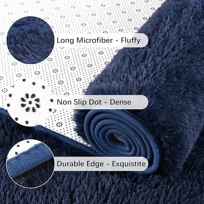 Chicrug Soft Runner Rug for Bedroom Living Room Plush Fluffy Rug 2x10 Feet, Shag Furry Runner Carpet Non Shedding for Nursery Children Kids Girls Room Home Decorative, Navy Blue