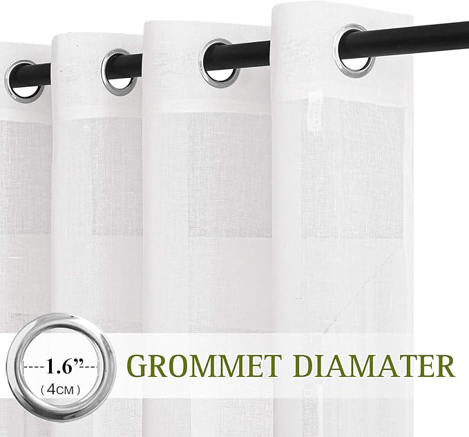 NICETOWN White Sheer Linen Curtains Flax Texture for Bedroom, Vintage Grommet Top Semitransparent Privacy Window Treatment Light Filtering for Living Room / Flat, W52 x L72, Set of 2