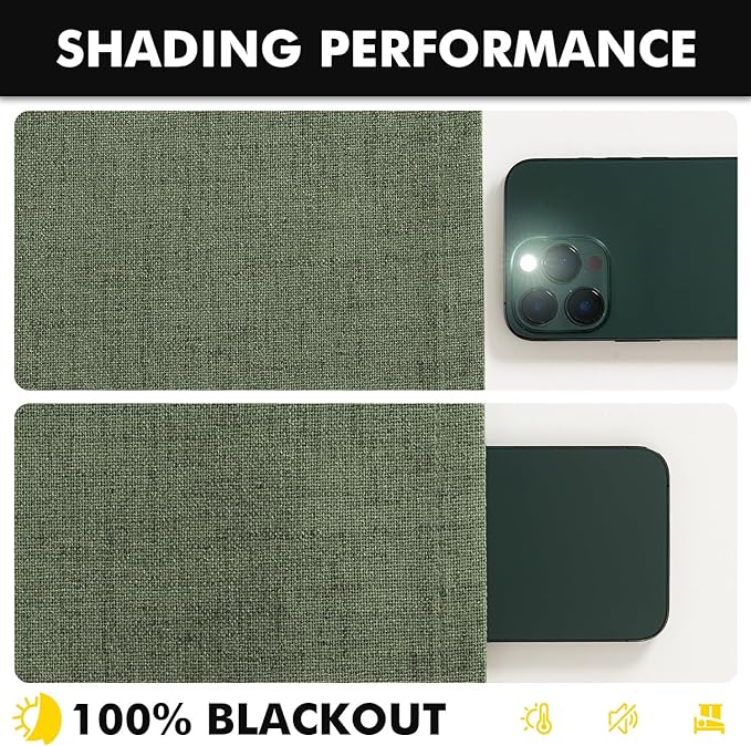 MIULEE 100% Blackout Linen Curtains for Bedroom, Olive Green Solid Luxury Decor Thermal Insulation Room Darkening Drapes for Living Room Nursery Back Tab Rod Pocket 42 x 90 Inches, 2 Panels