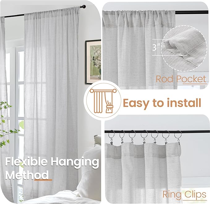 BGment Light Grey Linen Curtains for Living Room 84 Inch Length - Light Filtering Window Drapes Semi Sheer with Rod Pocket for Bedroom Dining Room Decor Lightweight, 2 Panels Set, 52 X 84 Inch