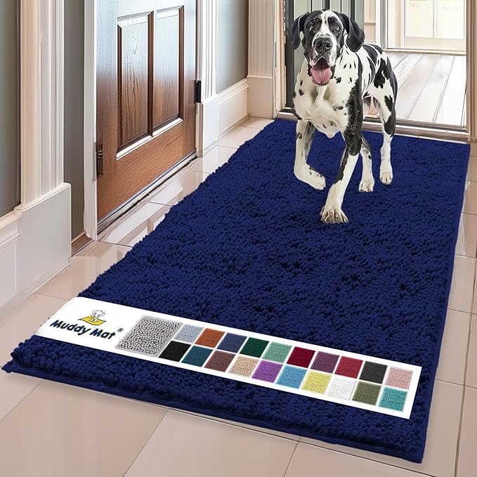 Muddy Mat® | Super Absorbent Door Mat Indoor, Microfiber Quick Dry Chenille Entryway Rug, Non-Slip Front Door Mat, Indoor Mats for Entryway, Machine Washable Pet Rug, Navy Blue 24"x96"