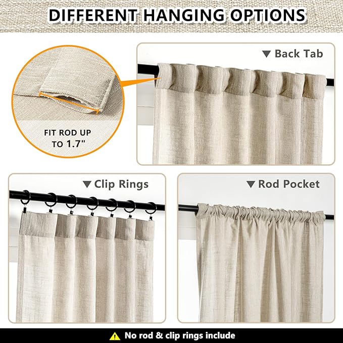 MYSKY HOME Ceiling Curtains for Living Room, Soft Cotton Curtain Polyester Blend Semi Sheers Light Filtering Window Treatments Decor Back Tab Top Panel, 50" x 95", Light Taupe, 2 Pcs