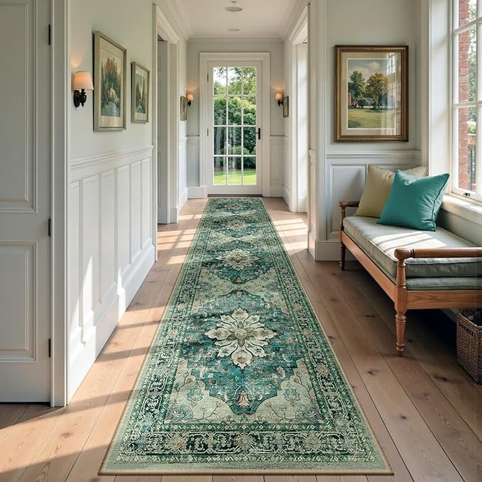 Area Rugs 2'x9' Runner Rug Non Slip Washable for Kitchen Hallway Bedroom Beside Laundry Room Bathroom Rug, Floor Carpet, Dark Blue Vintage