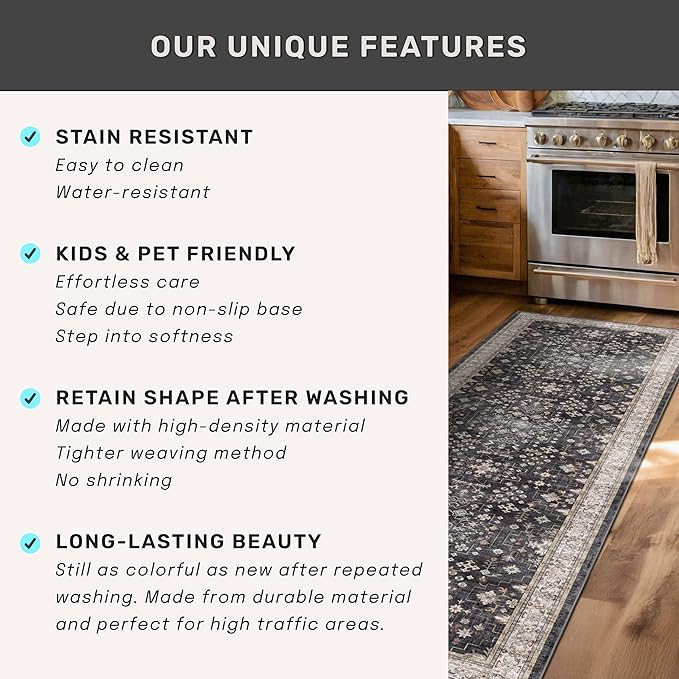 Boho Black Rug for Living Room - Washable 10x12 Area Rug, Dining Room Rugs for Under Table, Soft Low Pile Carpet for Bedroom - Farmhouse Decor, Non-Slip & Stain Resistance