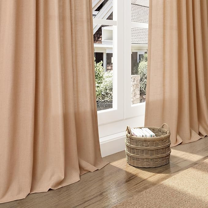 Extra Long Camel Linen Curtains 2 Panels 102 Inches Long for Living Room Back Tab Rod Pocket Light Filtering Semi Sheer Drapes Soft Cotton Textured Window Curtain 102 Inch Length for Bedroom.