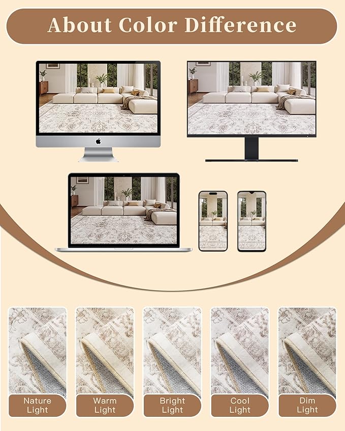 Madane Washable Area Rug 4x6, Low Pile Stain Resistant Vintage Area Rugs, Non Slip Accent Rug Floral Print Indoor Mat for Living Room Kitchen Bedroom, Brown/Ivory