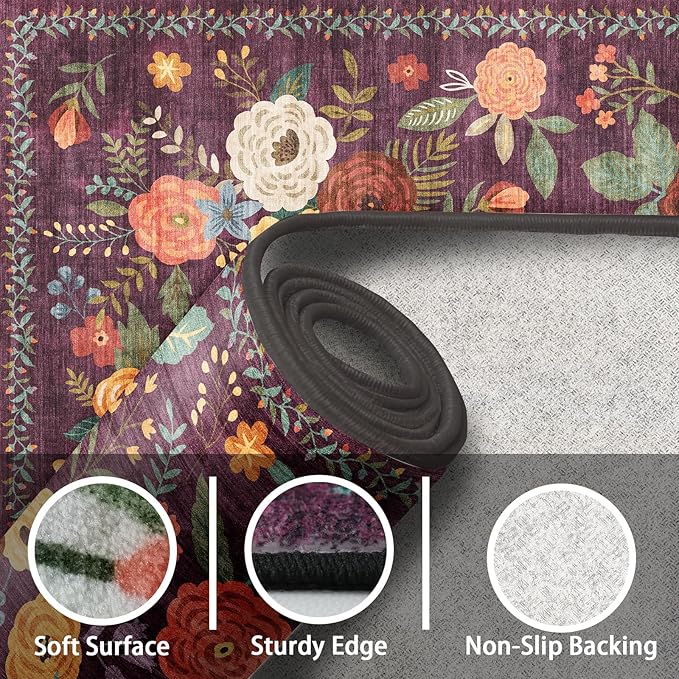 Washable Area Rug 8x10, Large Soft Rugs for Living Room Floral Purple Carpet 8x10 Area Rugs for Bedroom Dining Room Non-Slip Stain Resistant Under Table Rug (8 x 10, Purple)