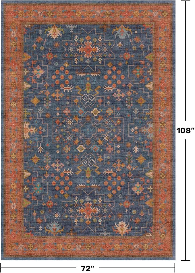 Hazo Haus 6x9 Dining Room Rugs for Under Table - Washable Area Rug for Living Room, Low Pile Non-Slip Rugs for Bedroom - Navy Blue & Terracotta Vintage Boho Eclectic Home Decor