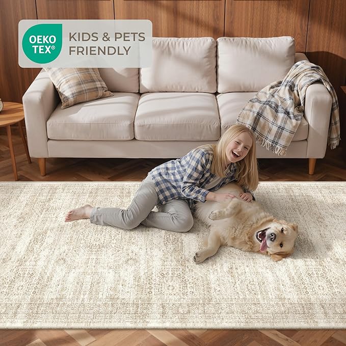Kitchen Runner Rugs Non Skid Washable - 2.5 x 10 Runner Rug with Anti Slip Backing, Ultra-Thin Soft Rug Runner for Hallway, Bedroom, Living Room (2.5'x10', Beige/Ivory)