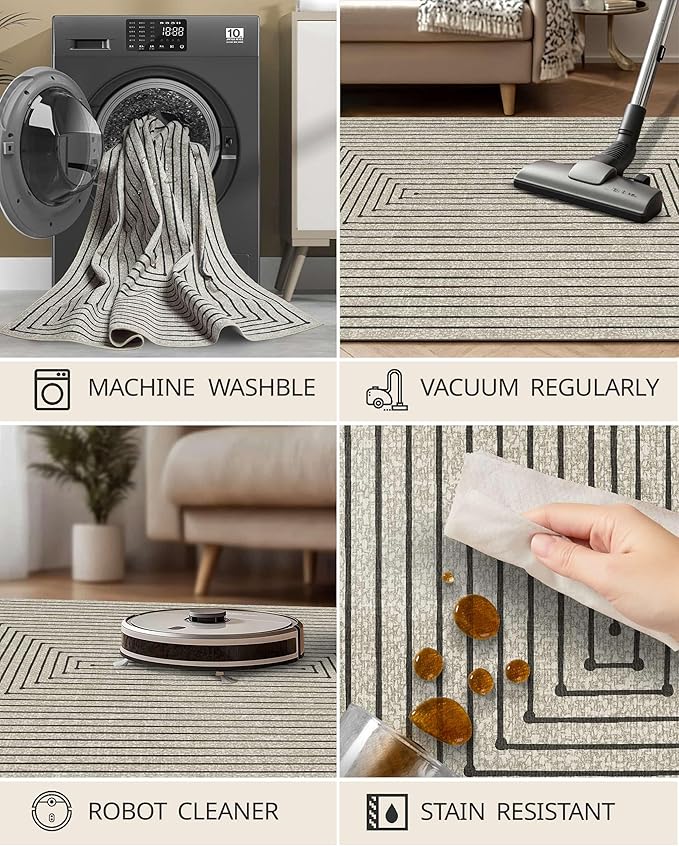 Latte&Fog 3x5 Entryway Rug Indoor, Beige Modern Abstract Washable Area Rug, Boho Non Slip Low Pile Throw Carpet for Indoor Bedroom Bedside, Kitchen, Entry and Living Room - Beige