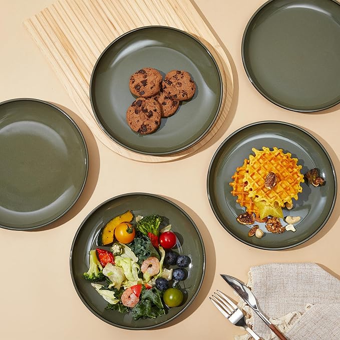 8 Inch Ceramic Plates Set, Microwave Safe Plates, Kitchen Serving Dishes, Scratch Resistant and Dishwasher Safe, Blackish Green