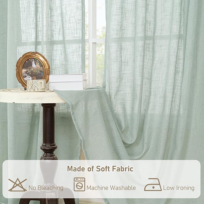 LAMIT 54 Inch Semi Sheer Window Linen Curtains, Light Filtering Panels Back Tab and Rod Pocket Neutral Drapes for Bedroom/Living Room, Light Sage, 2 Panels, 34 x 54 Inch
