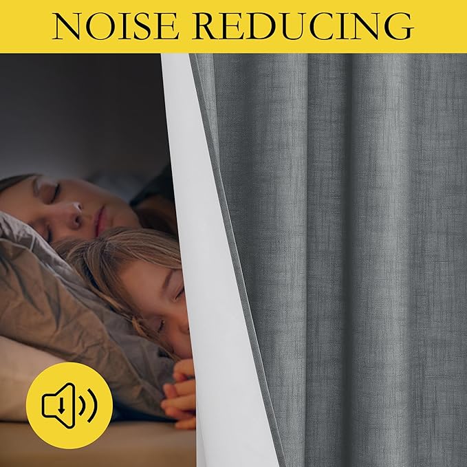 NICETOWN 100% Absolutely Blackout Linen Curtains with Thermal Insulated White Liner, 62" Wide, 2 Panels, 84" Long Drapes, Grommet Retro Dove Grey Linen Curtains Vertical Drapes Privacy for Bedroom