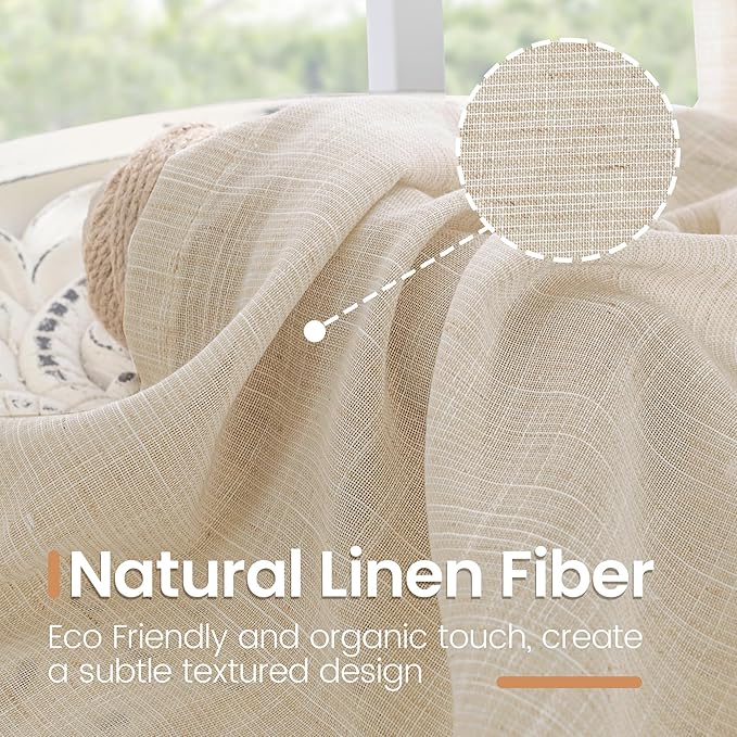 BGment Natural Tan Linen Curtains 80 Inches Long for Living Room - Light Filtering Window Drapes with Rod Pocket Semi Sheer for Farmhouse Bedroom Decor Rustic, 2 Panels, 52 Inch Wide Each Panel