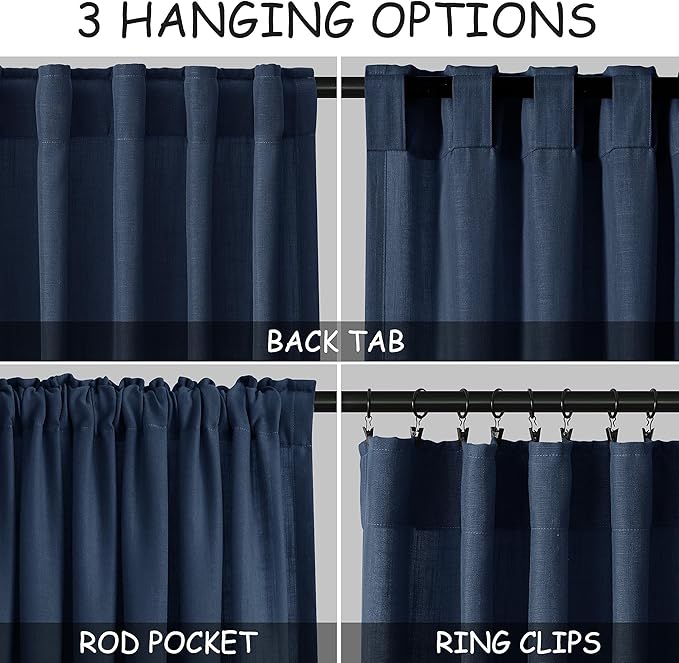 Denim Blue Linen Curtains for Living Room 63 Inches Long 2 Panel Set Light Filtering Linen Drapes for Kitchen Windows Rod Pocket Back Tab Short See Through Curtain Country Farmhouse Decor 52x63