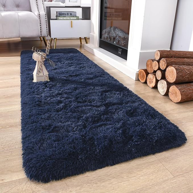 Chicrug Soft Runner Rug for Bedroom Living Room Plush Fluffy Rug 2x10 Feet, Shag Furry Runner Carpet Non Shedding for Nursery Children Kids Girls Room Home Decorative, Navy Blue