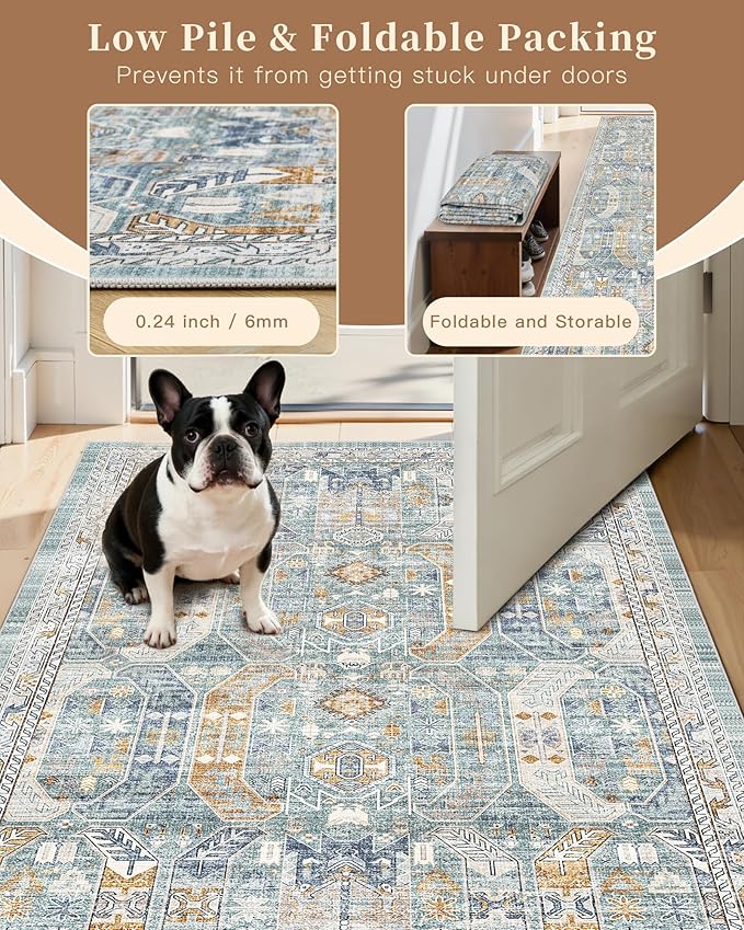 Madane Runner Rug 2'6''x8' Kitchen Runner, Hallway Runner Printed Vintage Washable Rugs Soft Non-Slip Low Pile Runners for Hallways Laundry Room Distressed Carpet, Blue/Gold