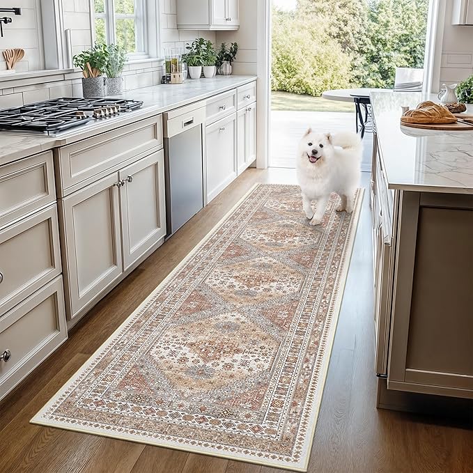 Runner Rug 2x10, Ultra-Thin Kitchen Rugs Non Slip Washable Rugs for Entryway Rug, Kitchen Runner Low Pile Vintage Soft Carpets for Living Room, Bathroom Bedroom (Orange,2'x10')
