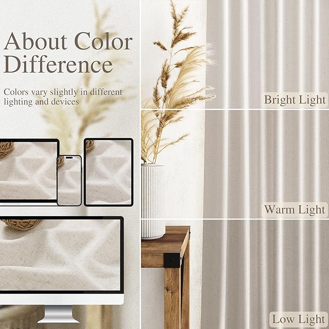 Nanspring Pearl White Linen Curtains 102 Inches Long for Living Room Light Filtering Semi Sheer Curtain Back Tab Coastal Decor Floor to Ceiling Modern Drapes for Bedroom Office 52x102, 2 Panels