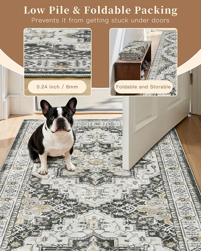 Madane 5x7 Area Rugs for Living Room, Stain Resistant Washable Rug, Non-Slip Backing Area Rug, Vintage Home Decor Rug for Bedroom (Black, 5'x7')