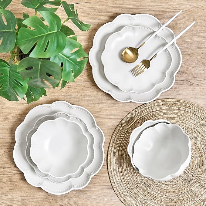Sango 12 Pieces Scalloped Dinnerware Set, Modern White Dishes for 4, Premium Serving Plates & Bowls Sets, Chip & Scratch Resistant, Ceramic Dishware, Kitchen Dish, Microwave & Dishwasher Safe, Bethany