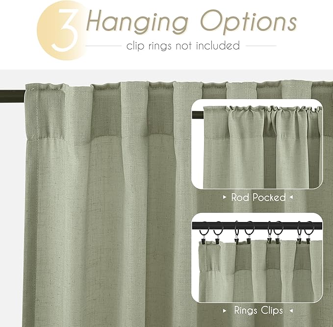 Linen Blend Sage Green Curtains 102 inch Length 2 Panels for Bedroom Back Tab Light Filtering Semi Sheer Drapes Linen Cotton Textured Light Green Airy Modern Farmhouse Living Room Sage Aesthetic Decor