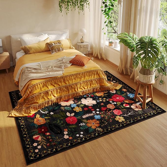 Rugcomf Area Rugs 8x10 Rug for Living Room Clearance Washable Boho Area Rug Non Slip Floral Vintage Low Pile Large Rug for Living Room, Bedroom, Farmhouse, Dining Room, Kids Playroom(Black)