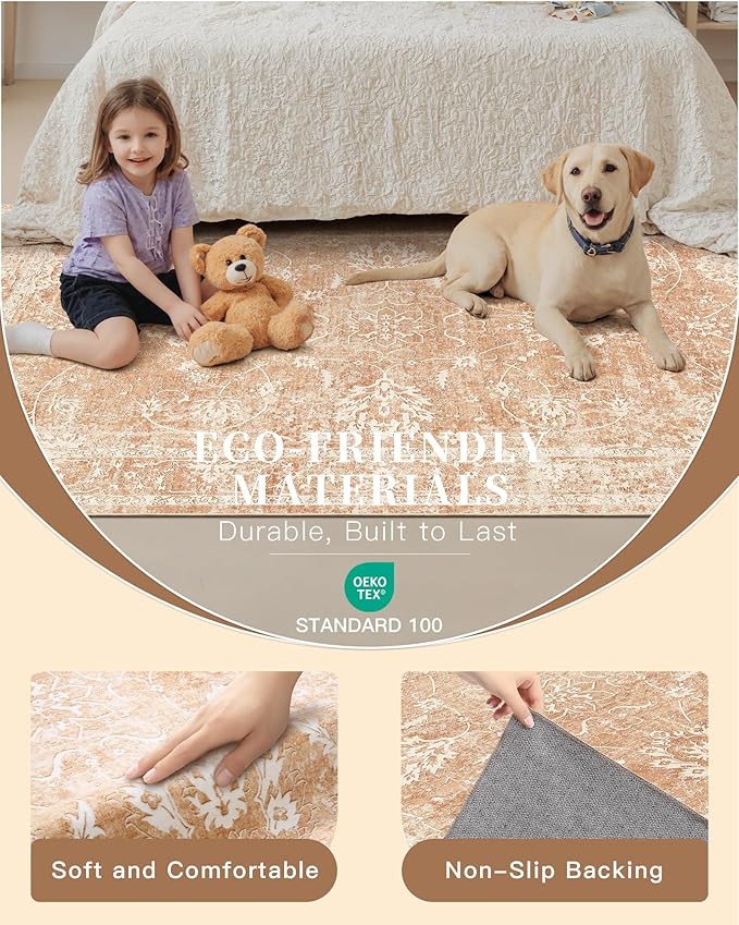 Madane 9x12 Area Rugs for Living Room, Machine Washable Vintage Rug with Non-Slip Backing, Soft Floral Print Large Throw Rugs, Thin Carpet for Bedroom Dining Room Farmhouse (9 x 12, Jasper Orange)