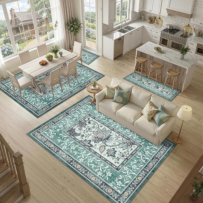 GarveeHome Teal Washable 6x9 Area Rugs, Botanical Grove Vintage Cottagecore Non-Slip Rug for Living Room Bedroom Nursery Kitchen Low-Pile Retro Large Carpet