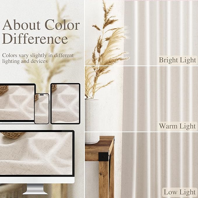Beige Large Window Curtains Light Filtering Semi Sheer Privacy Linen Textured Curtain for Patio Sliding Glass Door Extra Wide Rustic Farmhouse Drapes for Living Room Bedroom Sunroom 100x90 Inch