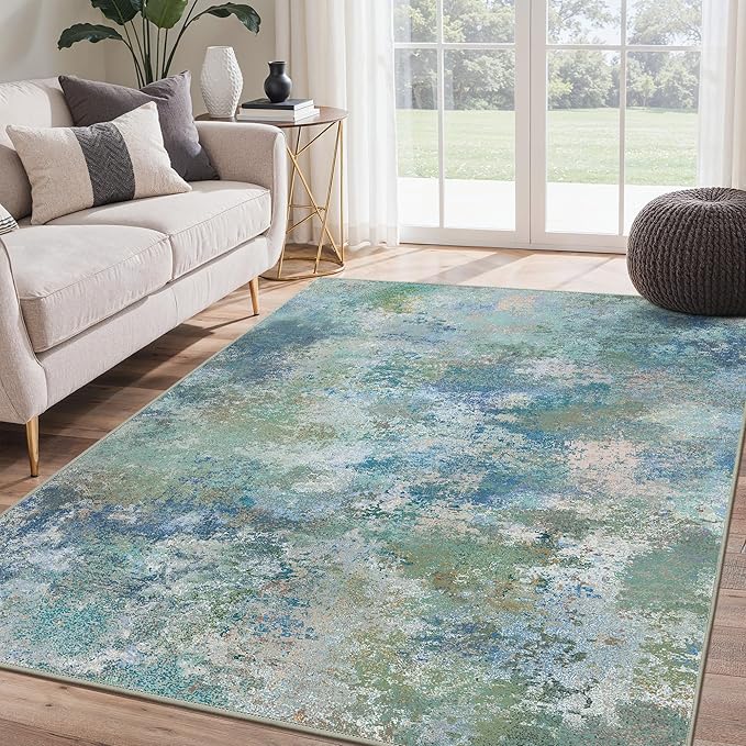 Area Rugs 9x12 for Living Room Bedroom, Modern Abstract Machine Washable Rug, Large Soft Low Pile Floor Carpet with Non Slip Backing for Dining Room, Blue Green