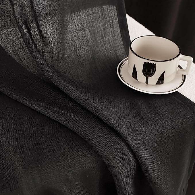 Black Linen Curtains 120 inches Long for Bedroom Back Tab Light Filtering Privacy Semi Sheer Black Curtains Living Room Boho Rustic Farmhouse Cotton Textured Gauze Curtain 2 Panel Set