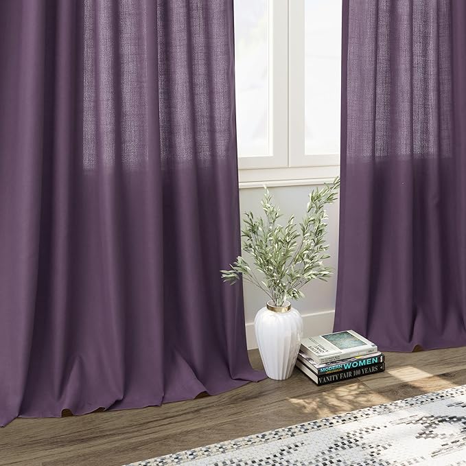 Plum Linen Curtains 72 Inch Length for Living Room Sheer Lightweight Door Drapes 2 Panels Set for Kids Bedroom Light Filtering Back Tab Rod Pocket Curtain for Kitchen Protect Privacy 52x72