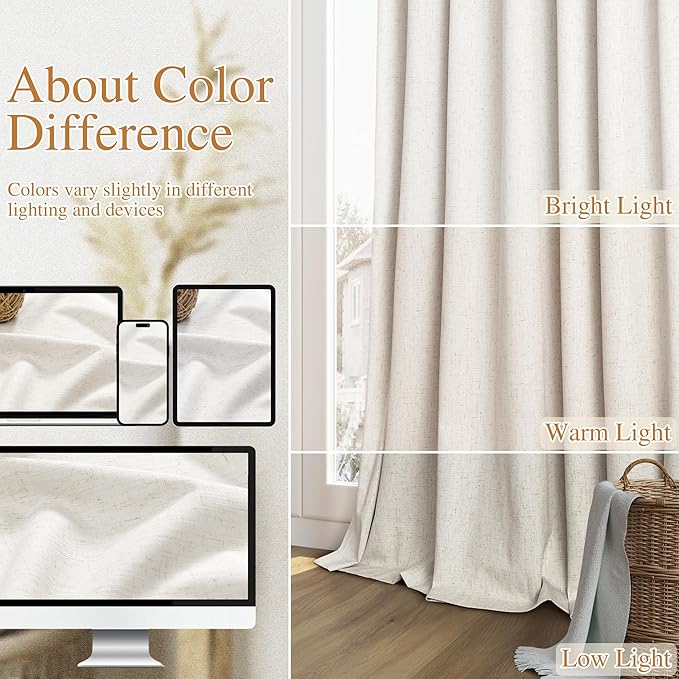 Beige White 100% Blackout Linen Curtains 96 Inch Length 2 Panels Set for Living Room Bedroom Back Tab Thermal Insulated Black Out Drapes Room Darkening Farmhouse Style for Bedroom Window Curtains