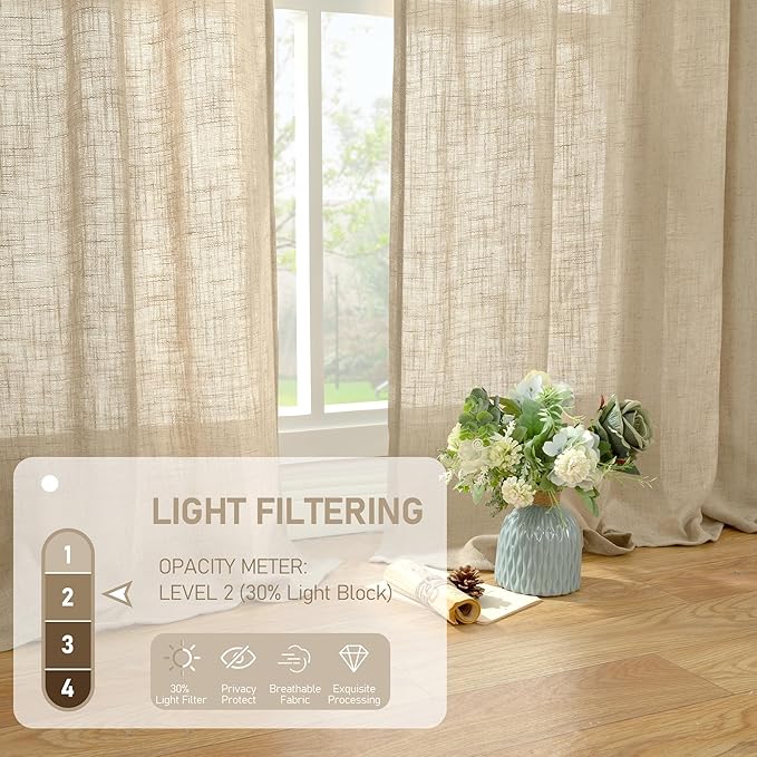 LAMIT 40 inch Small Window Linen Curtains 2 Panels, Semi Sheer Light Filtering Panels Back Tab and Rod Pocket Neutral Drapes for Basement/Loft Room/Cafe, 34 x 40 Inch