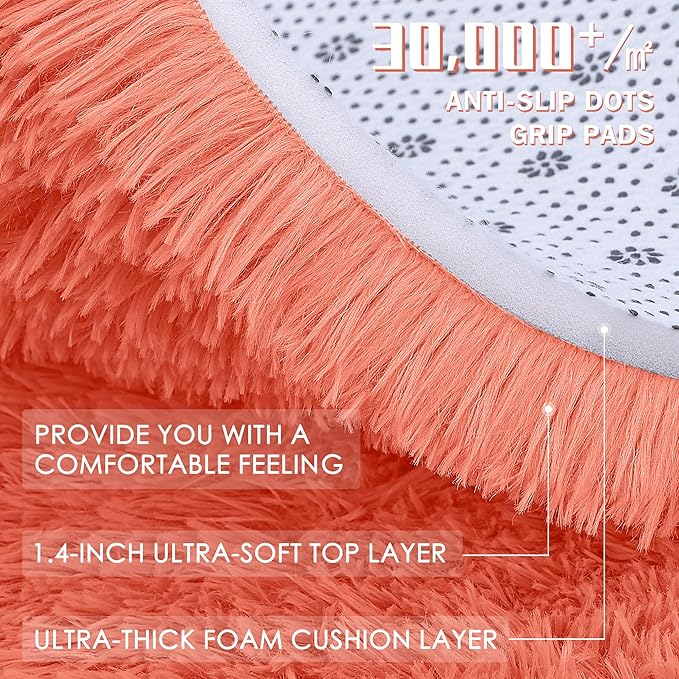 OLANLY Coral Red Round Rugs for Bedroom - Machine Washable, 6 ft Circle Area Rugs for Living Room, Soft and Fluffy Shaggy Carpet for Teen Girl and Boys, Nursery Rooms, Dorms, Home Decor Aesthetic