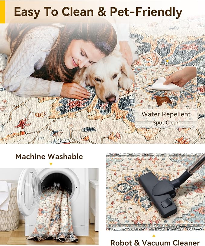 RELEANY Area Rugs 9'x12' Washable Non-Slip, Floral Vintage Distress Print Pattern Medallion Carpet for Living Room Bedroom Dining Room, Beige Navy Blue Orange Colorful