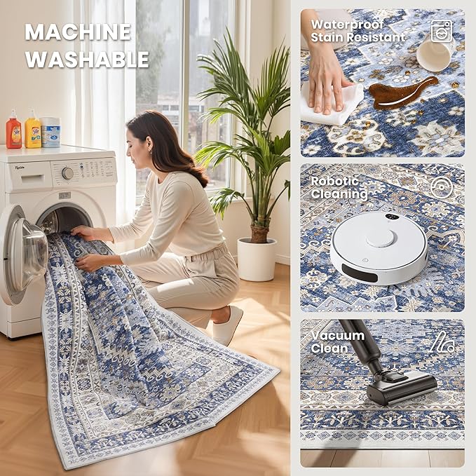 zesthome 3x5 Rug Ultra Soft Washable Rug, Non Slip Area Rug Indoor Entrance, Stain Resistant Rugs for Living Room Bedroom, Vintage Home Decor Area Rugs (Blue/Beige,3'x5')