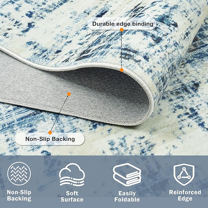 6x9 Area Rugs for Living Room Washable Rug: Anti-Skid Abstract Modern Living Room Rug Soft Thin Carpets Indoor Floor Non-Shedding Carpet for Bedroom Dining Farmhouse Nursery Blue Gray Gold