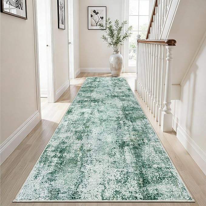 Hallway Runner Rug 2x8 Washable: Entryway Runners Rugs Non Slip Easy-to-Clean - Soft Living Room Bedroom Carpet - Thin Low Pile Printed Floor Mat for Dining Room Green