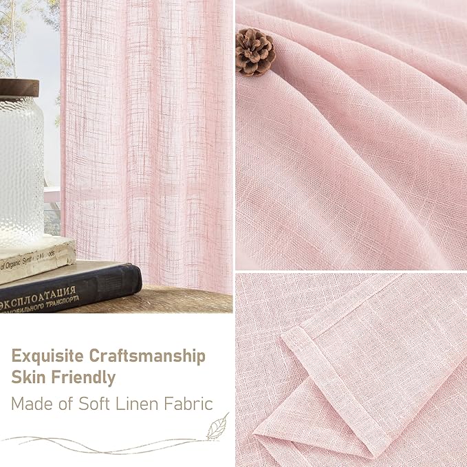 LAMIT Short Linen Curtains 30 Inch Length for Cafe, Semi Sheer Light Filtering Panels Back Tab and Rod Pocket Country Decor Drapes for Basement/Small Window, Pink, 2 Panels, 34 x 30 Inch