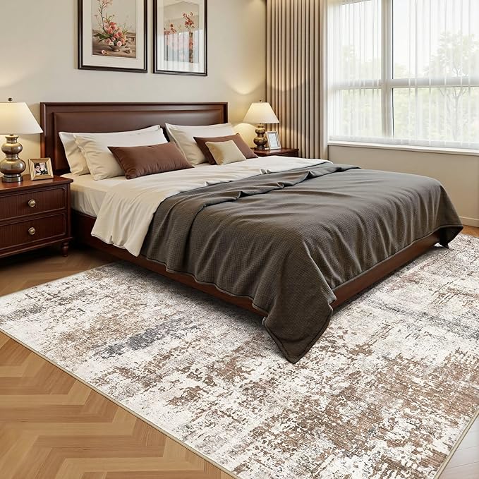 UERMEI 7x9 Area Rug Living Room Rugs - Washable Neutral Modern Abstract Soft Thin Rug Indoor Floor No Slip Rug Carpet for Bedroom Under Dining Table Home Office Decor - Brown/Grey/Red