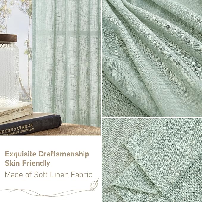 LAMIT Light Sage Linen Curtains 84 inch Length 2 Panels, Light Filtering Semi Sheer Panels Back Tab and Rod Pocket Neutral Drapes for Bedroom/Living Room, 34 x 84 Inch