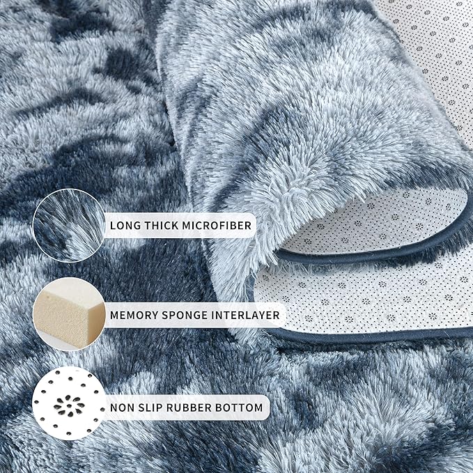Tepook Area Rugs 9x12 for Living Room, Super Soft Fluffy Rugs for Bedroom, Modern Shaggy Rug Fuzzy Carpets for Kids, Plush Indoor Nursery Home Decor Rug with Non-Slip Bottom, Tie-Dyed Blue and Grey