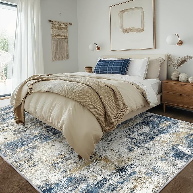BEIMO Machine Washable Rug 9x12 Area Rugs for Living Room Bedroom, Large Navy Blue Beige Abstract Area Rug Soft Throw Rugs, Low-Pile Floor Carpet with Non Slip Rubber Backing