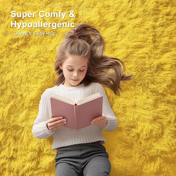 OLANLY 6x9 Machine Washable Large Area Rugs for Living Room, Bedroom, Soft Fluffy Shaggy Bedside Rug, Indoor Floor Carpet for Kids Girls and Boys, Dorms, Nursery, Home Decor Aesthetic, Yellow