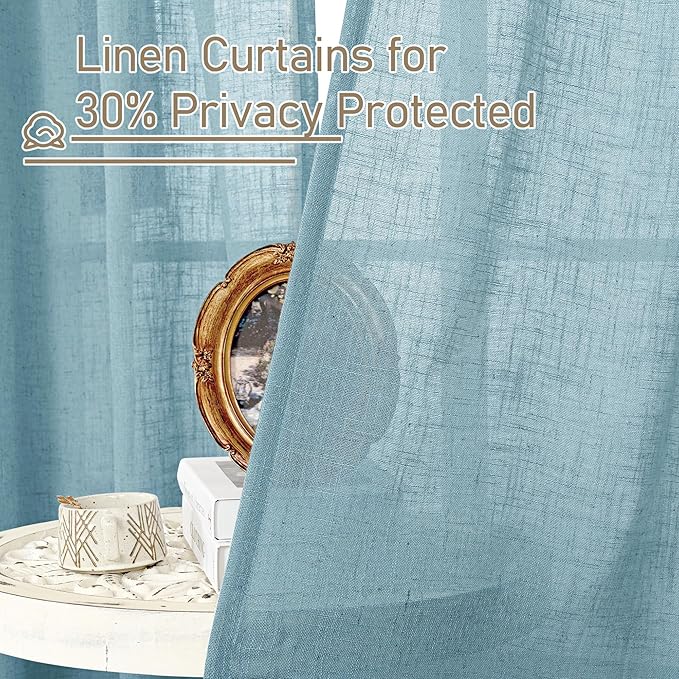 LAMIT 36 Inch Length Linen Curtains for Small Windows, Semi Sheer Light Filtering Panels Back Tab and Rod Pocket Country Decor Drapes for Basement/Kitchen, Stone Blue, 2 Panels, 34 x 36 Inch