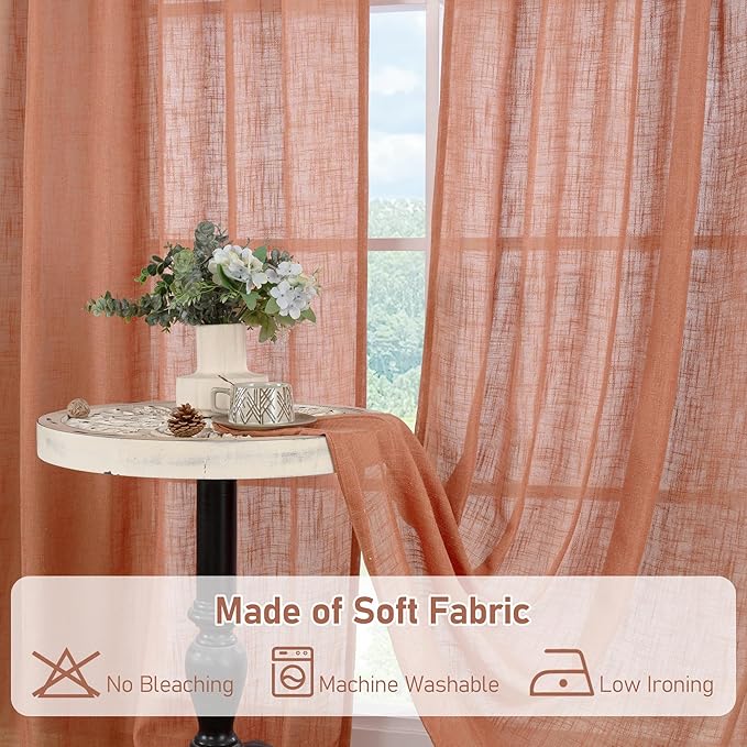 LAMIT Short Linen Window Curtains 30 Inches Long 2 Panels, Terracotta Semi Sheer Light Filtering Panels Back Tab and Rod Pocket Fall Drapes for Basement/Small Windows, 34 x 30 Inch