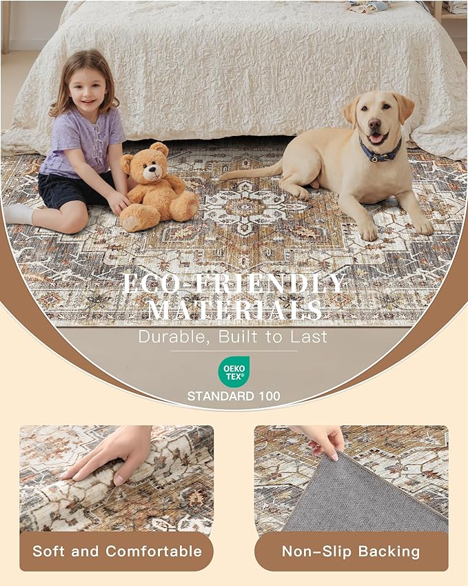 Madane Hallway Runner Rug 2x12, Extra Long Washable Runner Rugs with Rubber Backing, Non Slip Carpet Runner, Vintage Rug Runners for Kitchen Laundry Room Entryway (Turmeric/Grey, 2'x12')